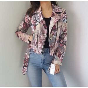 Zara Basic Floral Luxurious Faux Suede Biker Moto Zipper Jacket Belt Pockets "M"